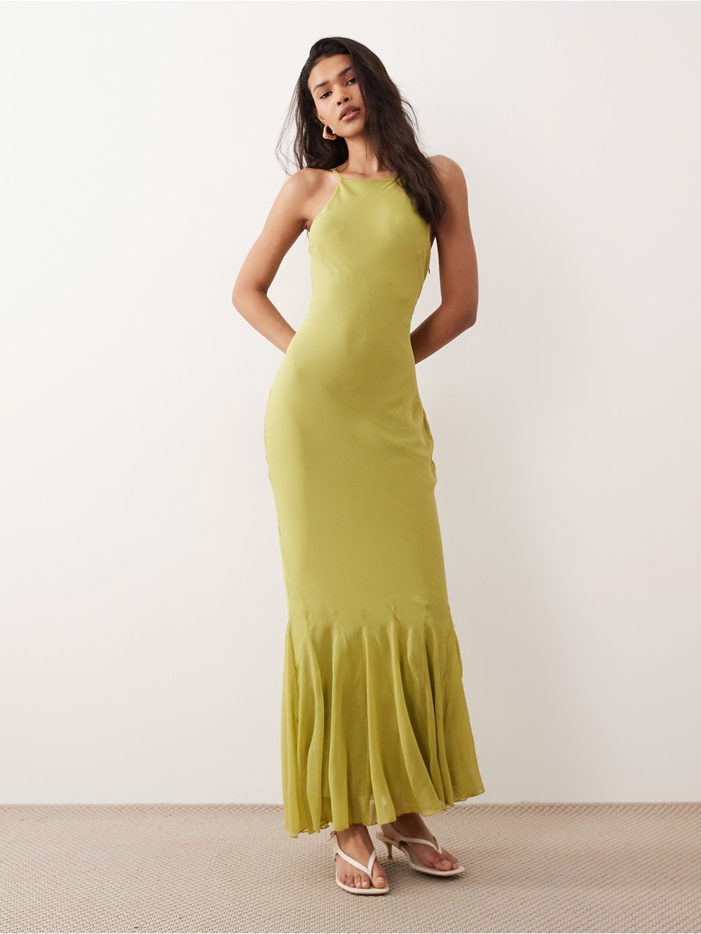 ASOS Olive Green Satin Maxi Dress with Fluted Hem